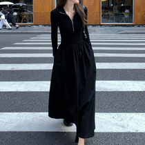 法式假两件黑色长袖连衣裙女秋季2023新款赫本风休闲卫衣拼接长裙