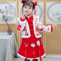 拜年服女童唐装汉服冬款套装儿童中国风女宝宝刺绣新年服小童冬裙