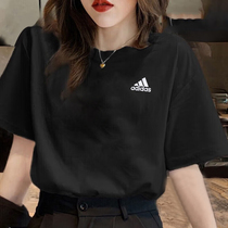 阿迪达斯黑色短袖女夏季新款纯棉上衣休闲运动服宽松复古潮流T恤