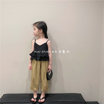 木西童品2024夏韩国女童黑色吊带衫女宝宝小甜美的荷叶边背心上衣