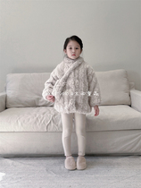 木西童品2023冬韩国版女童米杏气质小香风夹棉毛毛外套保暖棉衣