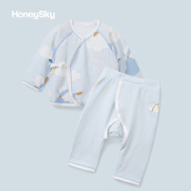 honeysky 新生婴儿套装春秋纯棉衣服偏襟上衣可开裆长裤2件套睡衣