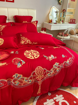高档中式纯棉结婚四件套红色百子图刺绣被套全棉婚庆床上用品婚房