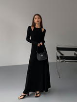 NEVA HU黑色修身针织连衣裙女设计感2023春季新款包臀紧身长裙
