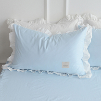 韩版纯色全棉花边枕套蓝色白色枕头 套单人纯棉单人枕头套粉色
