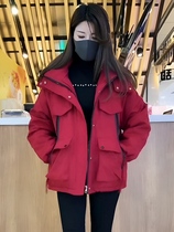 韩版纯色加绒连帽冲锋衣女2024冬季新款宽松工装棉服短款加厚外套