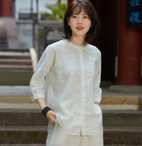 亚麻衬衫立领七分袖白衬衣宽松大码衫日系女装夏