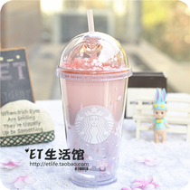 韩国星巴克杯子 2021粉色樱花圣诞玻璃拱盖可爱小熊新款大吸管杯