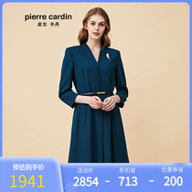 皮尔卡丹女装秋冬季新款蓝色长袖含羊毛连衣裙时尚收腰V领A字裙
