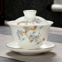 羊脂玉瓷三才盖碗茶具单个纯白喝茶花卉莲花茶杯陶瓷薄胎色釉旅游