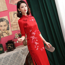 红色旗袍长袖刺绣年轻款气质新款女新中式2024夏天喜婆婆婚宴装
