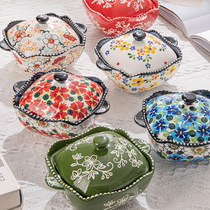 佐巴伦 波兰彩陶瓷隔水炖家用炖盅高颜值双耳饭碗创意蒸蛋碗带盖