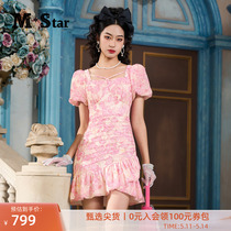 M-Star明星系列夏季复古方领碎花连衣裙女新款气质收腰短裙小个子