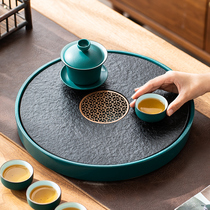 圆形陶瓷乌金石茶盘储水式排水小型茶台茶具套装简约家用办公托盘