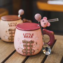 可爱小熊陶瓷马克杯带盖勺办公室吸管水杯情侣早餐燕麦咖啡杯子女