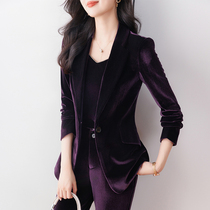 紫色金丝绒西装外套女冬季2023新款高端女人味职业气质小西服套装