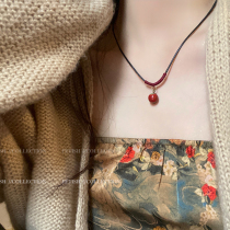 红色花釉陶瓷单珠吊坠项链女民族风简约锁骨链复古网红颈链配饰品