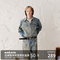 KREATE 24SS Cleanfit做旧脏泥染正肩长袖牛仔衬衫男复古休闲外套