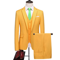 男士西服套装商务休闲西装三件套春装纯色橘黄色男装外套马甲裤子