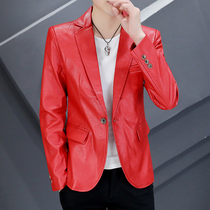 红色西装外套男休闲2022新款韩版修身男装秋季帅气单件小西服皮衣