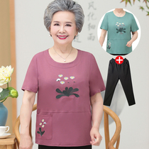 中老年人夏装女60岁70奶奶装全棉短袖T恤老人衣服胖妈妈大码上衣