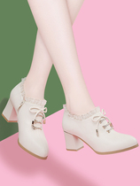 台湾红蜻蜓RD2023新款女鞋秋季鞋子女士皮鞋中跟蕾丝高跟鞋粗跟百