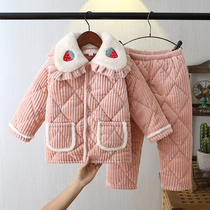 22款冬季儿童睡衣法兰绒三层加厚夹棉男女童小孩宝宝珊瑚绒套装