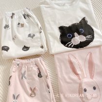 日系夏季纯棉卡通睡衣童趣猫咪兔子短袖短裤圆领家居服休闲套装