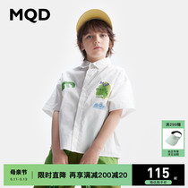 MQD童装男童24夏新款白色翻领衬衫卡通图案百搭短袖衬衣薄外套