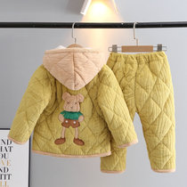 冬季儿童睡衣带帽法兰绒三层加厚夹棉男女童宝宝中小童保暖家居服
