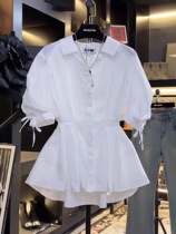 法式泡泡袖白色衬衫女短袖2024年设计感收腰褶皱休闲爆款上衣衬衣