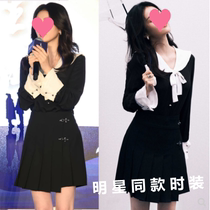 香港白鹿同款秋冬黑色娃娃领蕾丝衬衣衬衫学院风细褶拼接宽松衬衣