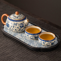 汝窑青花一壶两杯功夫茶具小型套装陶瓷茶壶茶盘一两人喝茶泡茶器