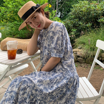 韩国chic夏季复古减龄花朵泡泡袖圆领宽松显白长款短袖连衣裙女