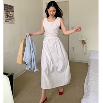 韩国chic极简主义气质减龄宽松无袖背心裙高腰系带长款淑女连衣裙