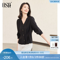 OSA欧莎黑色V领长袖衬衫女2024年新款春装设计感气质收腰雪纺上衣