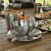 LTHW旅腾餐具户外餐碗盘子水杯筷子勺子304不锈钢碟子盛菜盛饭