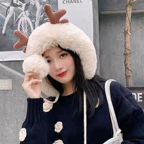 冬季帽子女韩版可爱鹿角毛球护耳毛绒帽圣诞加厚东北帽骑车帽