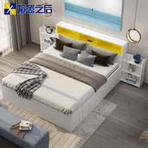 现代简约带抽屉储物板式床卧室气压双人床1.8米床头USB充电8CH014