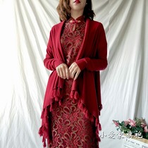 搭配旗袍外披外套妈妈外搭开衫薄春秋红色女婚庆中长款复古针织衫