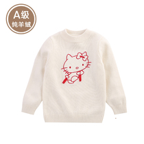 女孩羊绒衫儿童kitty猫图案圆领套头白色毛衣羊毛衫中大童加厚