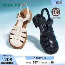 热风2023年夏季新款女士包头法式罗马凉鞋黑色粗跟镂空猪笼凉鞋子