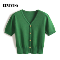 绿色V领短袖开衫女春夏季新款百搭修身短款针织衫金属扣韩版上衣