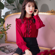 气质时尚长袖蝴蝶结衬衫女红色复古雪纺衫法式别致小上衣设计感
