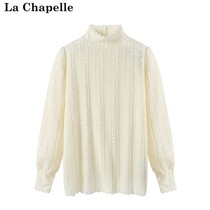 拉夏贝尔/La Chapelle秋冬新款蕾丝长袖打底衫女叠穿内搭中领小衫