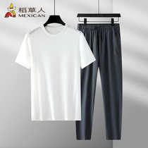稻草人夏季短袖T恤男士圆领休闲裤子运动服冰丝速干长裤两件套装