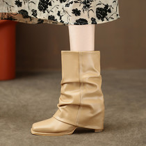 秋冬季欧美中筒时装靴女士高跟皮靴一脚蹬粗跟真皮短筒马丁靴加绒