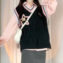 小香风韩版秋日无袖v领针织马甲背心毛衣女学生+粉色衬衫两件套装