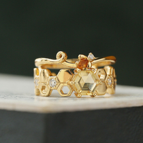 《采花酿蜜》薾曼原创设计叠戴蜜蜂黄水晶戒指高级感彩宝开口指环