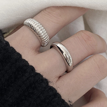 S925纯银戒指女款个性时尚圆面光面素圈指环竖纹设计小众戒指银饰
